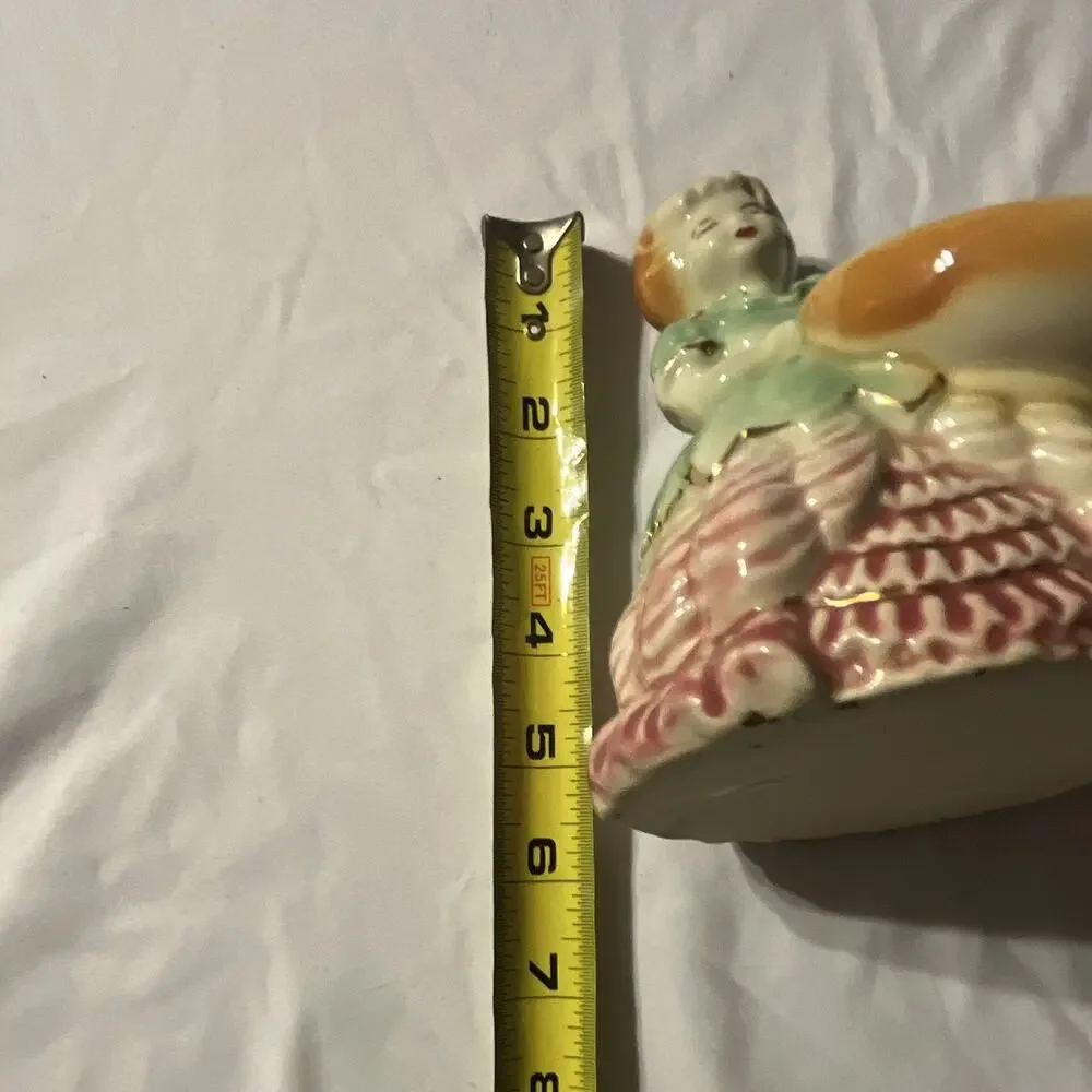 Vintage Ceramic Woman Figurine Bud Vase, Green Dress Pink Base, Small Gloss 6 in